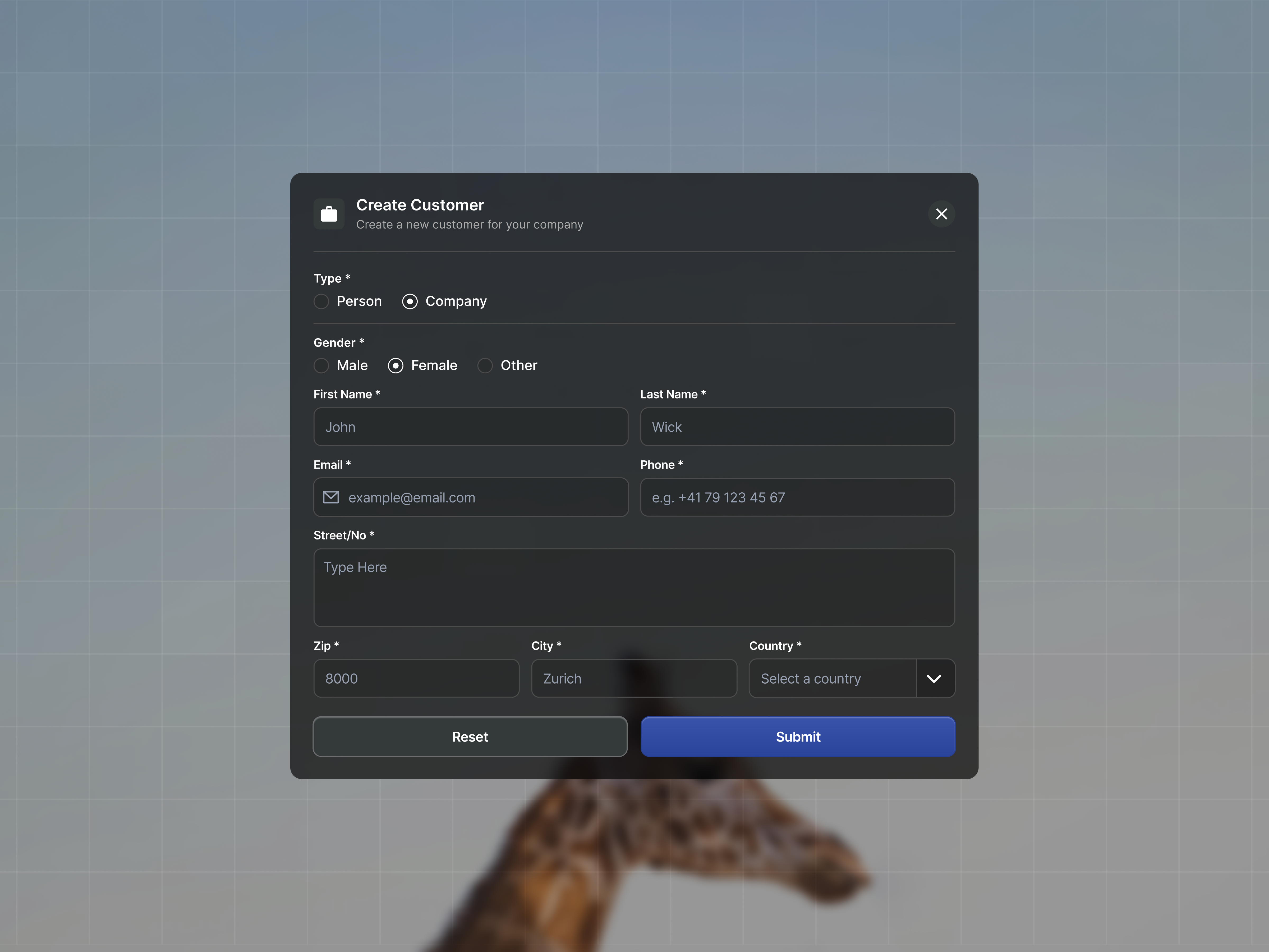 Create Customer - Modal Popup Card bootstrap card design clean customer customer card customer create dark card modal popup profile profile card statics information user user card
