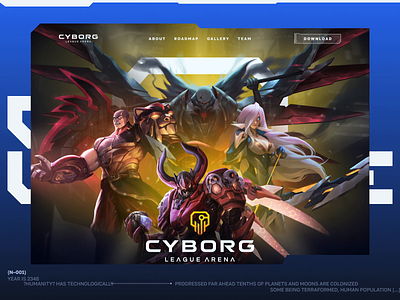 Cyborg League Arena - Mobile Game / Landing Page animation arena clash cyber dota2 fight futuristic game gaming hero section home page illustration landing page mobile game presentation pvp scroll animation team battle