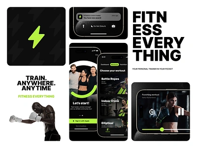 FITNESS EVERYTHING / Design concept of wellness mobile app app application black branding coach dashboard design electric fitness graphic design gym health illustration ios logo mobile train ui video wellness