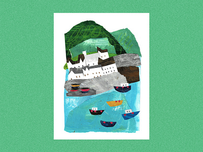 Boat Town art artprint boats collage colourful graphic design harbor houses illustration landscape mixed media paper cut town