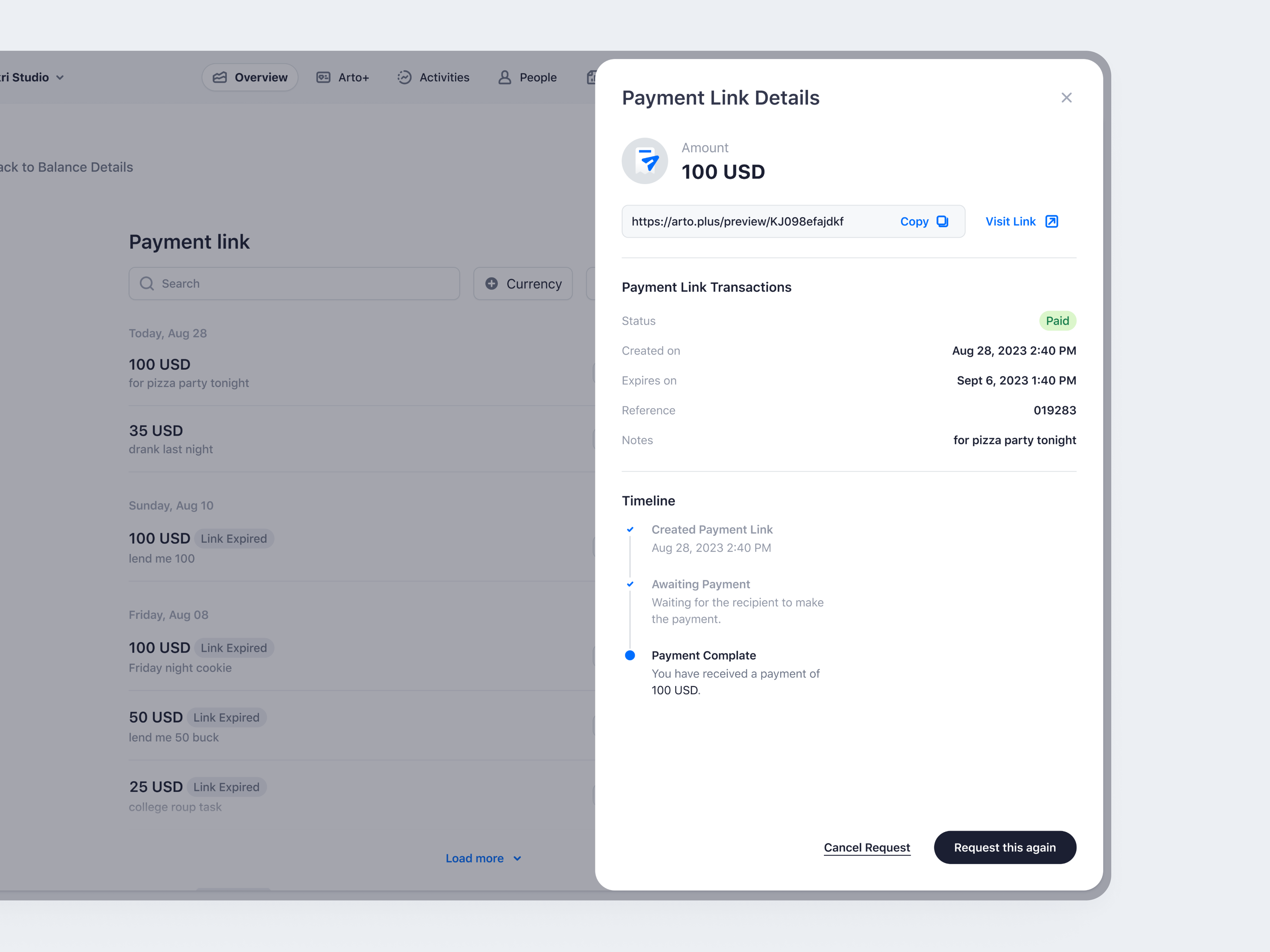 Arto Plus - Payment Link Details in SaaS Payment System balance details finance app management payment payment link pop up product design saas saas design send money transaction ui ux web design