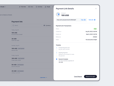 Arto Plus - Payment Link Details Focused balance details finance app management payment link pop up product design saas saas design send money ui ux