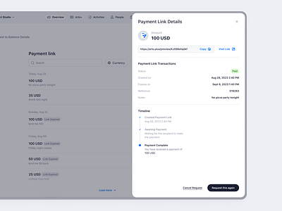 Arto Plus - Payment Link Details Focused balance details finance app management payment link pop up product design saas saas design send money ui ux