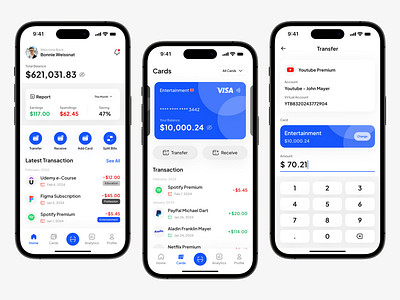 Monger - Money Manager Mobile App app balance bank blue card clean design e wallet finance fintech mobile money payment split bills statistic subscription taufiq transaction ui uiux