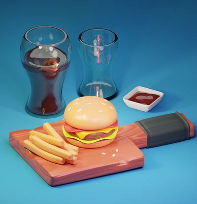 Burger Set with Glass of Coke | Blender3D 3d 3d art 3d food 3d icon 3d illustration 3d material 3d stylized b3d blender branding burger design glass graphic design illustration