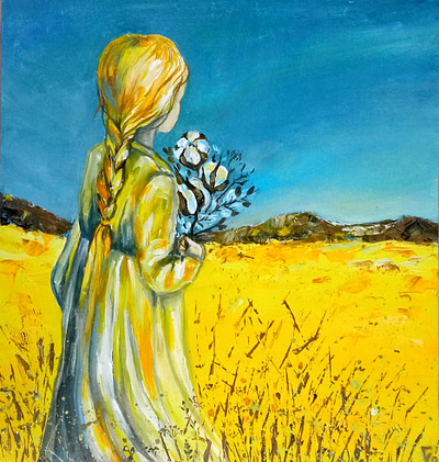 Original acrylic painting, Ukrainian girl in the field, Ukraine art flower hand painted national paint painting ukraine ukrainian woman