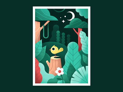 Yellow Chick in the Wild adventure bird chick crescent moon flower forest green illustration landscape leaves leo alexandre nature night plants tree stump trees vector wild wildlife wood