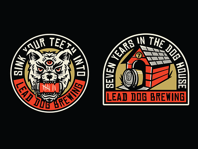 Lead Dog Brewing Badge Designs badge badge design beer beer can beer label bone brewery craft beer dog dog house merch sticker teeth third eye