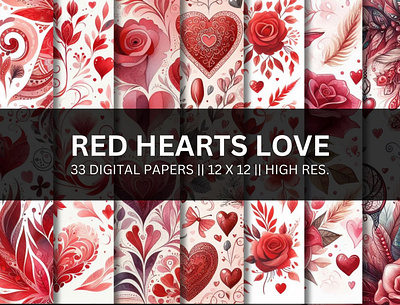 Red Heart Digital Papers - Valentine's Day Digital Backgrounds background creative market design dribbble graphic design papers patterns