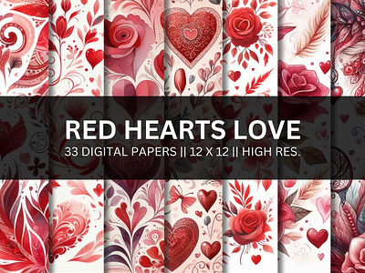 Red Heart Digital Papers - Valentine's Day Digital Backgrounds background creative market design dribbble graphic design papers patterns