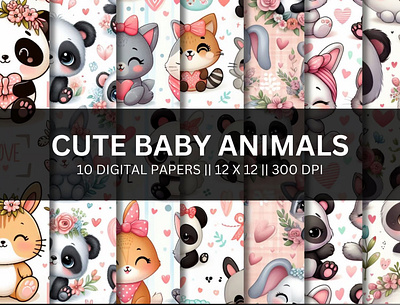 Cute Animal love digital papers | Panda, cats, Nursery Decor animals background creative market cute baby design dribbble graphic design illustration kids papers patterns