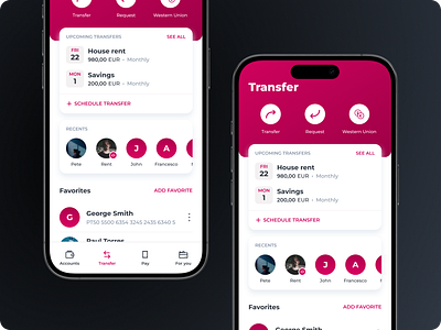 Transfer Area agenda app bank banking app clean design favorites mobile next payments pay payments product recents send money transfer ui ux