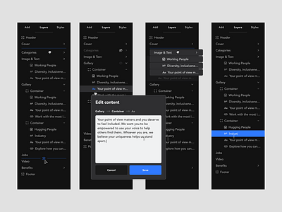 Page editor layers panel in dark mode content dark mode drag drag and drop drop edit layers list modules panel selection sidebar