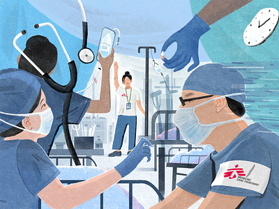 Editorial Illustration for BAZAARMEN x MSF blue doctor doctors doctors without borders editorial editorial illustration healthcare humanitarian illustration medical illustration medical scene msf charity médecins sans frontières nurses peace stethoscope volunteer medical services war