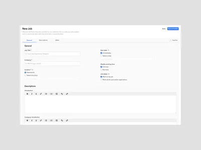 Job creation modal concept creation field input job kit modal publish radio button tabs