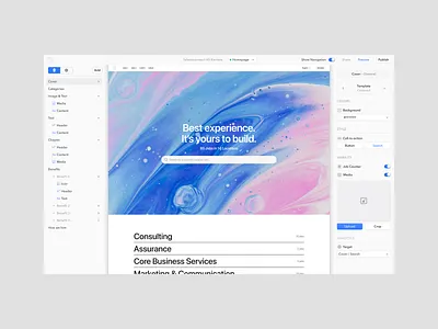 Page builder editor concept builder image no code page preview sidebar tabs toggle top bar upload wysiwyg