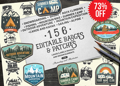 156 Editable Badges and Patches adventure alpine badge bike camp camping climbing design fishing illustration logo mountain outdoor patch rock sailing ski snowboarding summer