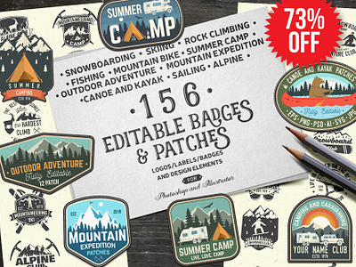 156 Editable Badges and Patches adventure alpine badge bike camp camping climbing design fishing illustration logo mountain outdoor patch rock sailing ski snowboarding summer