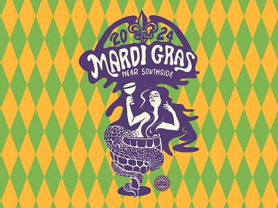 Mardi Gras Near Southside Campaign Logo americana art nouveau brand branding design fat tuesday fort worth goblet graphic design illustration logo mardi gras near southside new orleans snake woman