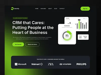 Clientify - Landing page for CRM business chart crm dark dashboard desktop figma figma community infograpich landing page ui web