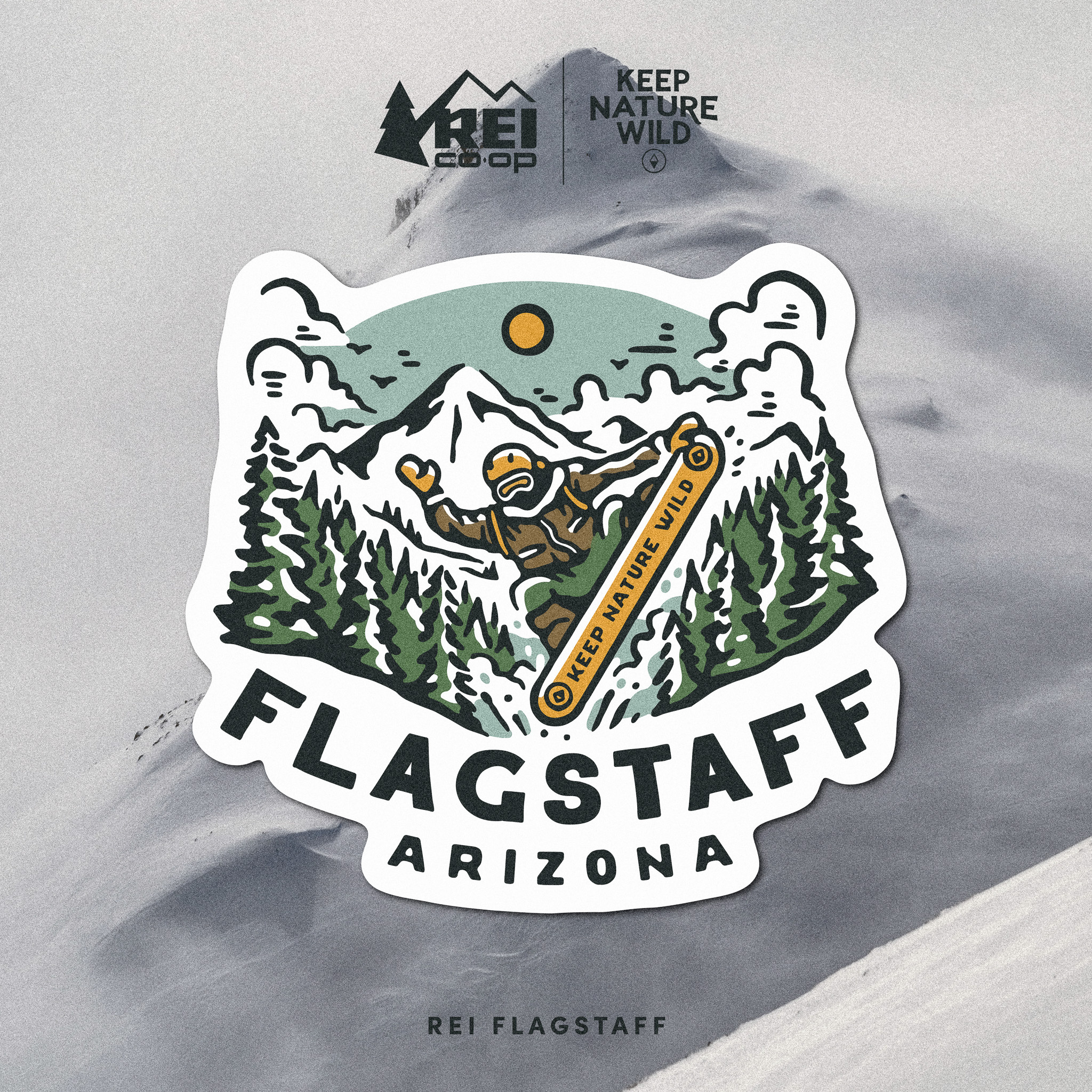 REI Co-op Flagstaff | Snowboarder arizona branding collection design forest graphic art graphic design hand drawn illustration logo merch merchandise design nature outdoor outdoors print print design product design snow vintage