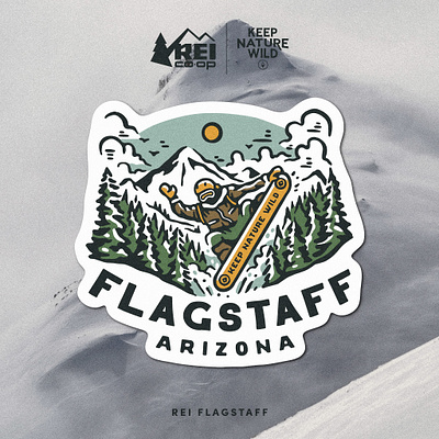 REI Co-op Flagstaff | Snowboarder arizona branding collection design forest graphic art graphic design hand drawn illustration logo merch merchandise design nature outdoor outdoors print print design product design snow vintage