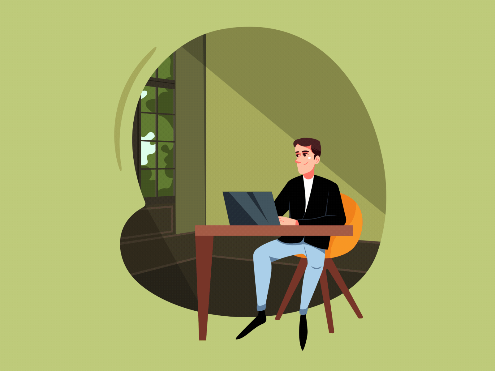 Man works on his laptop at his desk at home 2d animation freelance home home office illustration interior mansitting motion graphics open laptop remote remote job room sitting stay home typing work working process workspace writer
