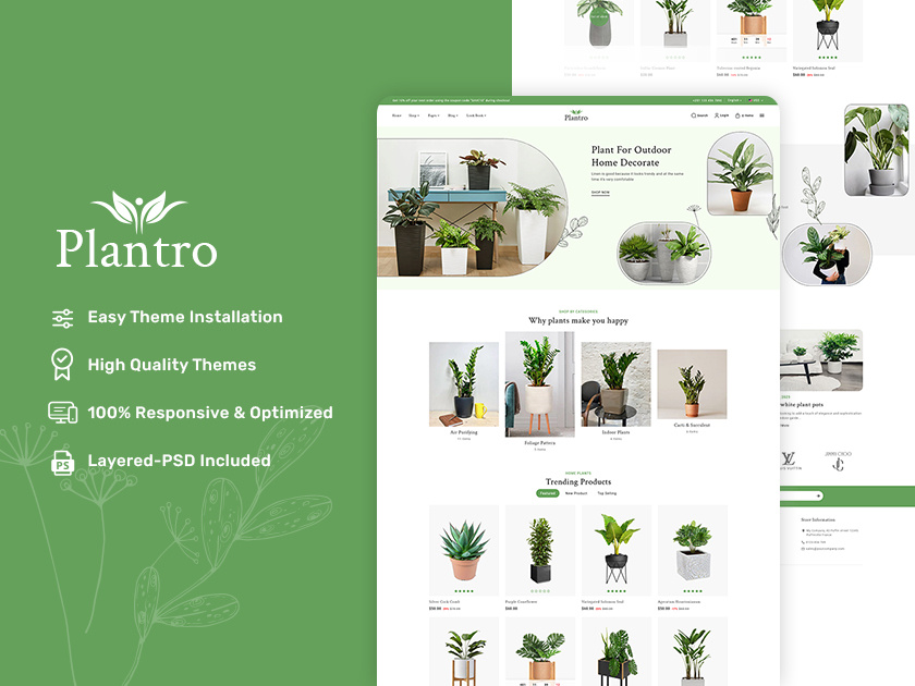 Plantro – Nursery Plants, Gardening & Flower - eCommerce Theme cleanecommerce design ecommerce flower pots furniture gardening home decor illustration interior nursery plants opencart plantro prestashop responsive shopify templatetrip woocommerce wordpress