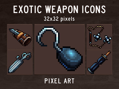 The Exotic Weapon Icons 32×32 Pixel Art 2d 32x32 art asset assets fantasy game game assets gamedev icon icons illustration indie indie game pixel pixelart pixelated rpg weapon weapons