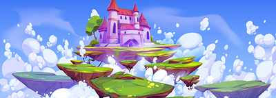 Pink magic castle on floating island in blue sky castle cloud design game game design illustration island landscape magic sky vector
