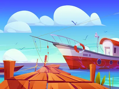 Fishing boats at pier in lake design game design illustration landscape river sea ship vector