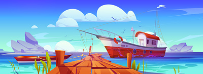 Fishing boats at pier in lake design game design illustration landscape river sea ship vector