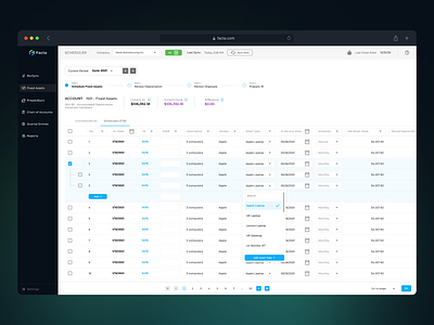 Facta - bookkeeping cloud-based platform: Assets accordeon accounting analysis assets bookkeeping cloud dashboard data table dropdown filters financial fintech invoice sidebar table taxes top navigation ui audit web app web design