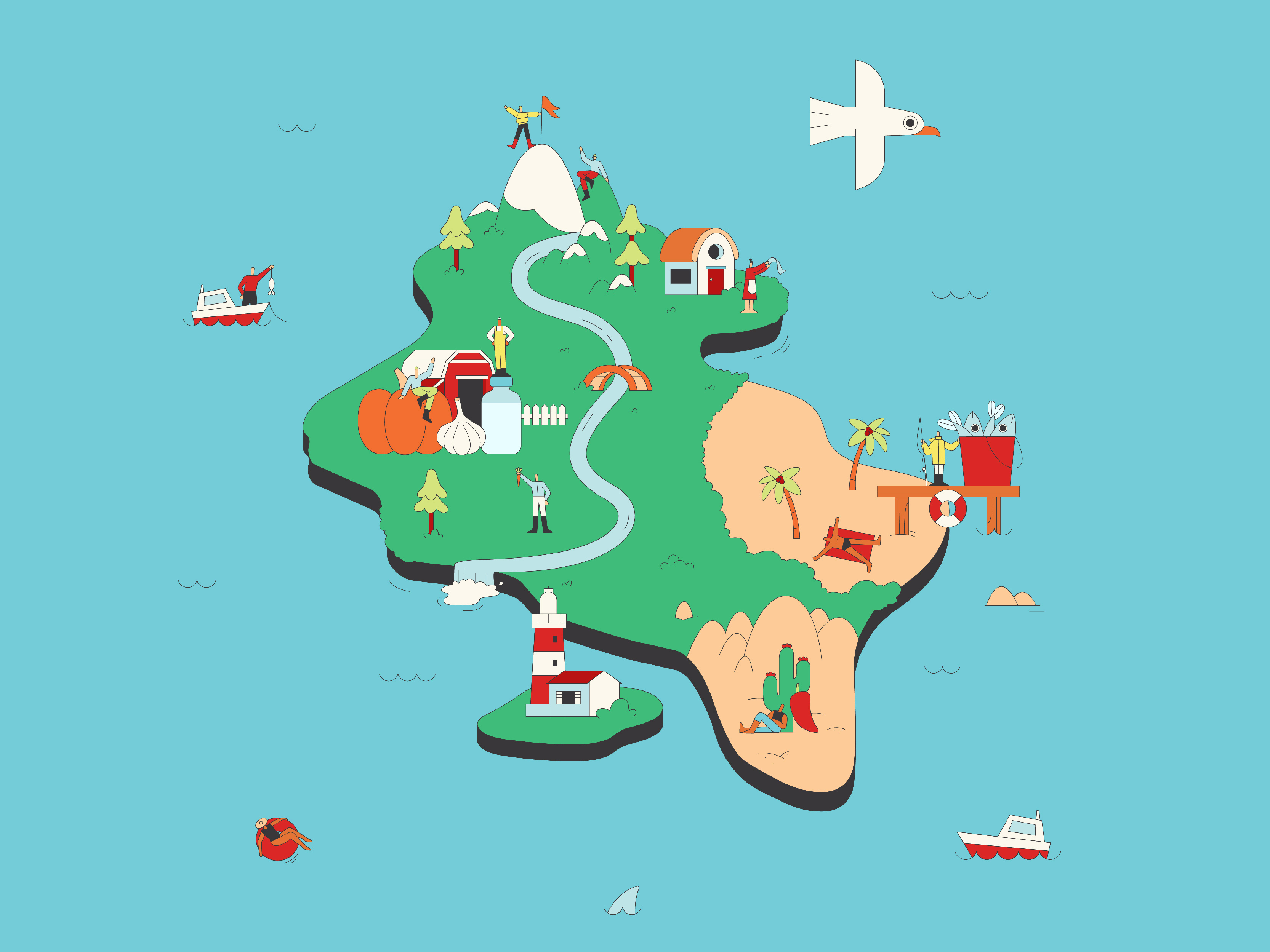 Spiceburgh beach birds brand branding character character design design editorial food illustration landmarks lighthouse map ocean places sea spice still