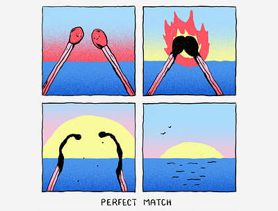 Perfect Match animation art birds blue comic comic strip design faces fire illustration matches motion ocean perfect red sea sunset vector water yellow