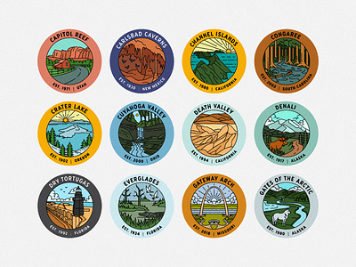 USA National Parks - Badges Vol. 2 badge badge design capitol reef carlsbad caverns clothing brand congaree crater lake death valley denali illustration landscape line lineart monoline national parks outdoor outdoors patch us usa
