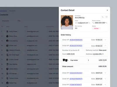 CRM Contact Details Page agency contact details contact list crm dashboard design history minimal minimal ui order history order list sales sales crm ui uiux user interface design ux uxui web application webapp