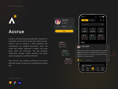 Accrue - UX UI Case Study accrue app ui design case study crypto app design dark theme design illustration mobile app design modern ui design sitemap stock app design trading app design ui design uiux user experience user interface ux design wireframes yellow ui