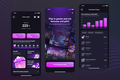 Game Center in mobile app 3d app bonuses daily app design game game center gifts history illustration loyality mobile onboarding platform play statistic superapp transactions ui ux