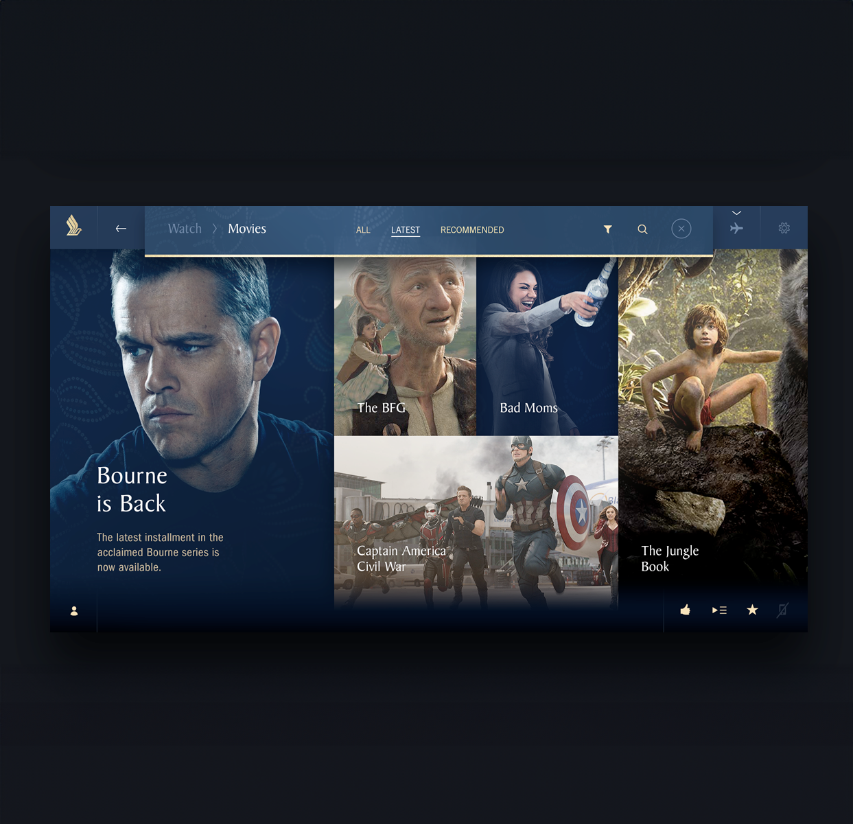 Singapore Airlines IFE design entertainment flight gaming ife in flight entertainment interactive interface mobility movies streaming travel ui