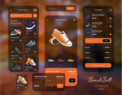 Sneak Sell App Design app ui design branding dark theme ecommerce ecommerce app ui design galssomorphism illustration minimalist design mobile app design modern style modern ui design orange color shoes app ui design sneak sell app design store ui design ui ui design uiux ux