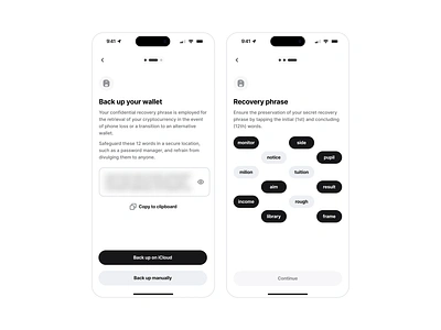 Backup / Recovery Wallet app backup clean crypto finance recovery phrase security select stepper token ui user interface ux wallet web3
