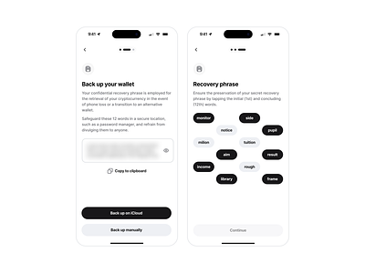 Backup / Recovery Wallet app backup clean crypto finance recovery phrase security select stepper token ui user interface ux wallet web3
