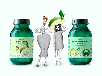 vitaFORMmin. Vitamins packaging. Character design. apple bitmap branding cartoon character character design design food illustration graphic design healthy food illustration label design medicine packaging photoshop sketch concept stylized vitamins woman design woman style