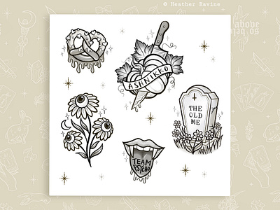 "Ashnikko" Tattoo Flash Designs album cover art ashnikko band merchandise black and white halloween headstone illustrations lineart merch music inspired tattoos pretzel pumpkin tattoo artwork tattoo design tattoo flash tattoo flash art tattoos