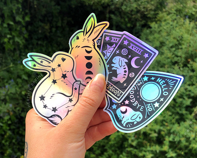 Collection of witchy bunny stickers bunnies constellation holo holographic lepus moons mystical ouija ouija planchette rabbits tarot tarot cards tarot deck witchcraft