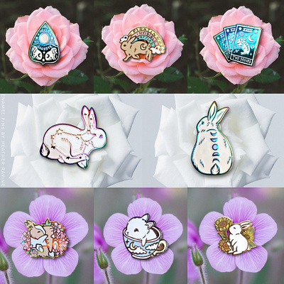 Enamel pins bunnies cherry blossom chronic illness constellation enamel pins floral merchandise moons mystical ouija products rabbits rainbow tarot tarot cards teacup witchy