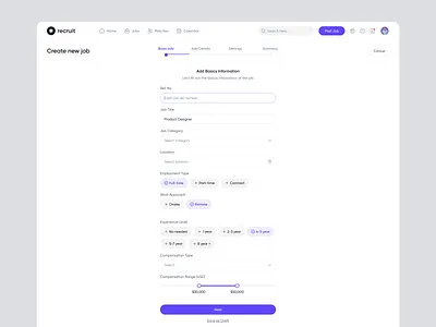 Recruitment - Create Job Post admin dashboard analytics calender clean ui create job post crypto dashboard data design hiring job portal modal modern ui recruitment saas saas ui scheduling ui ux webapp
