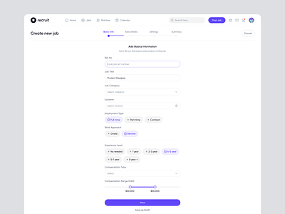 Recruitment - Create Job Post admin dashboard analytics calender clean ui create job post crypto dashboard data design hiring job portal modal modern ui recruitment saas saas ui scheduling ui ux webapp