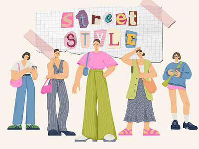 Street style 2d cartoon character fashion flat girl illustration street style vector